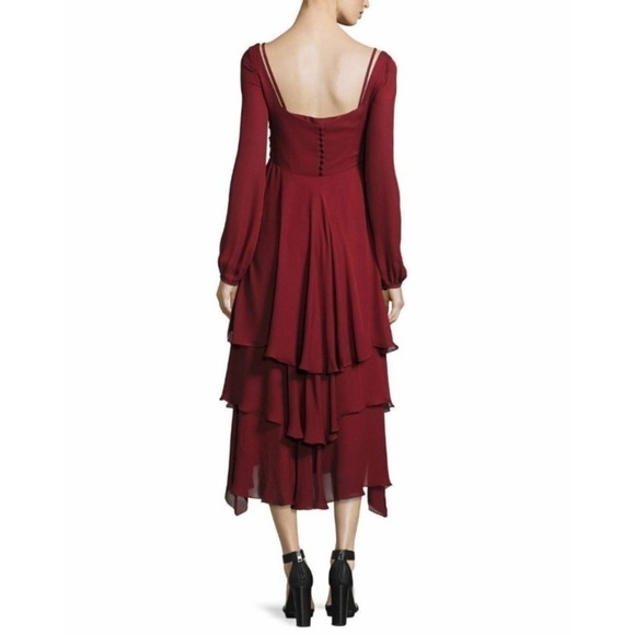 Cinq a’ Sept Fira Tiered Silk Dress Flowy Bishop Sleeves  in Pomegranate Red - Picture 6 of 12